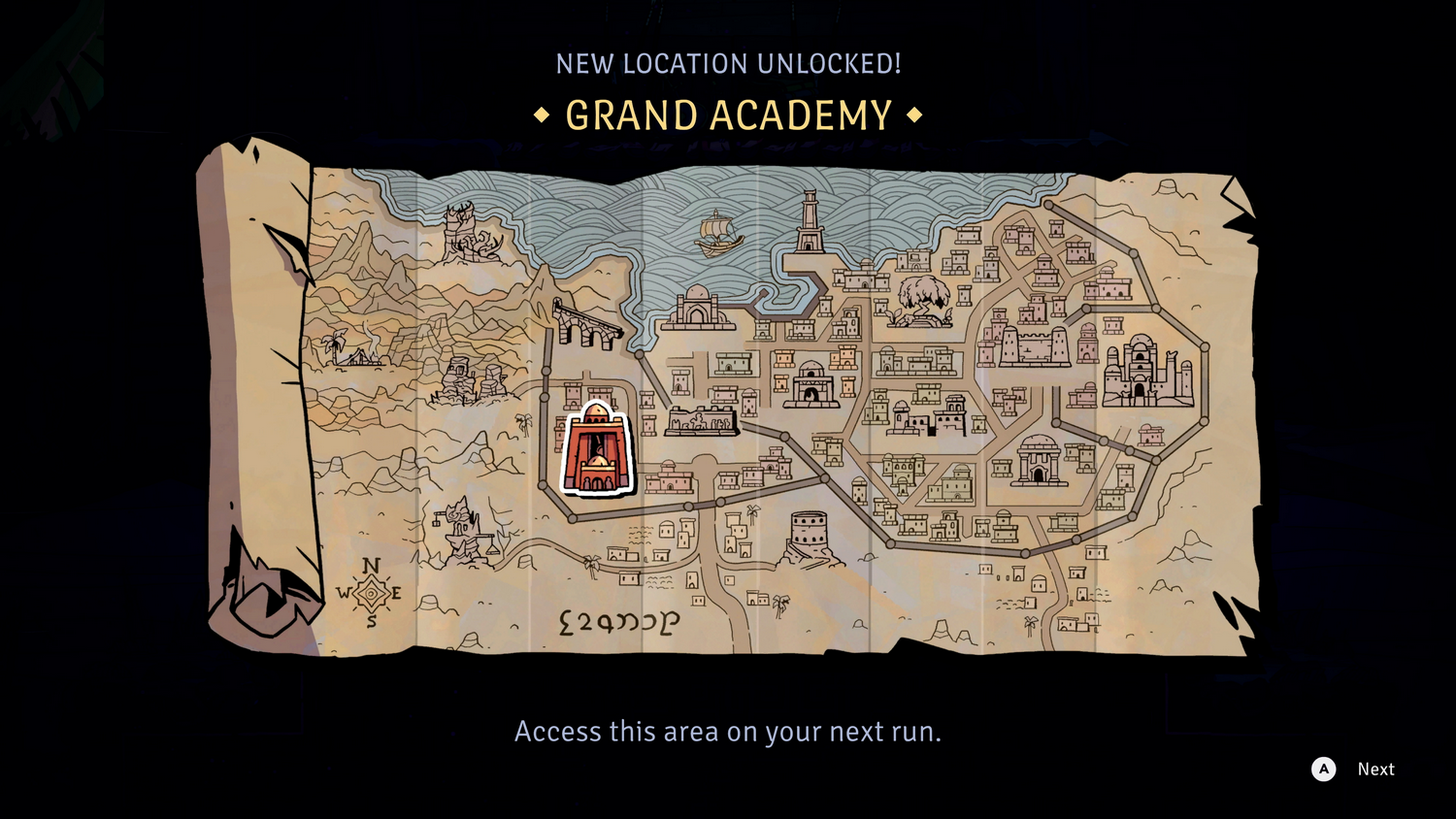 Un mapa con 'Grand Academy' desbloqueada. Muestra una ciudad con edificios, carreteras y mar. El mensaje anima al acceso en la próxima partida.
