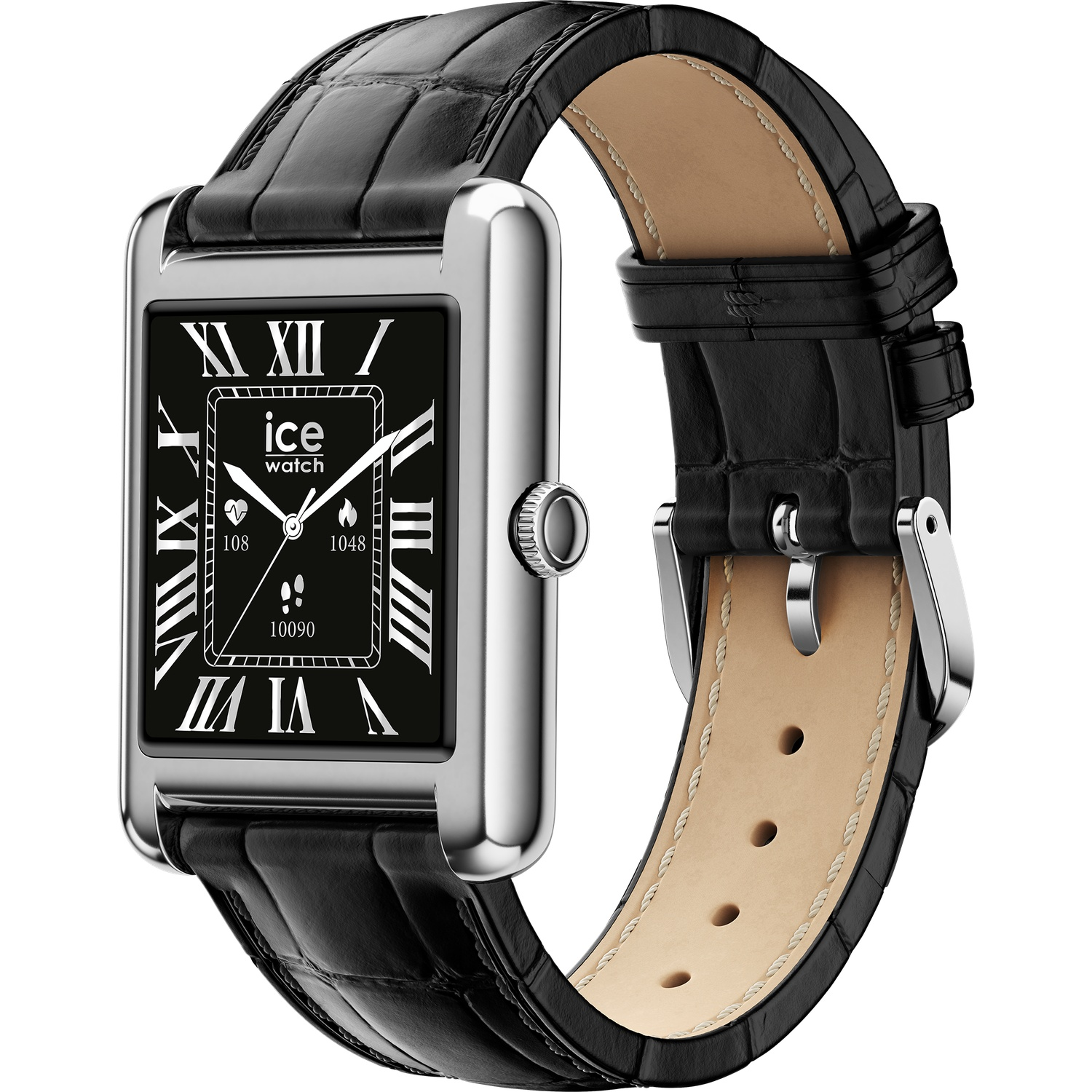 Black Ice Watch with Roman numerals on a square black face, silver frame, and black leather strap.