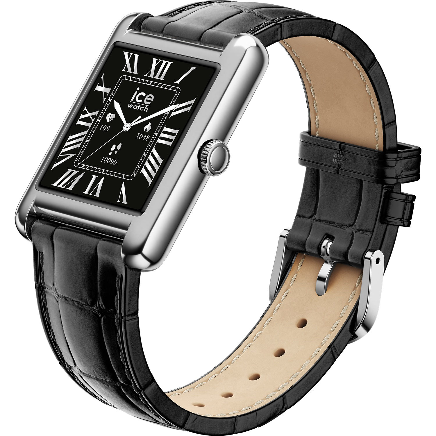 A black Ice Watch with a rectangular face and leather strap. The watch face displays Roman numerals and health metrics.