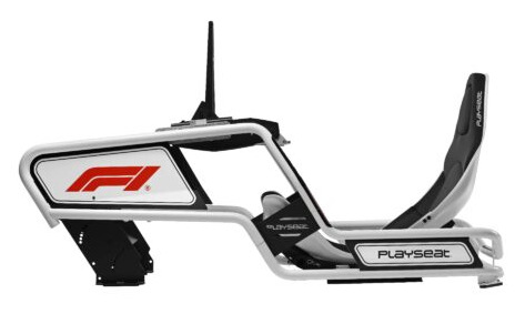 Biało-czarny symulator wyścigów z logo F1. Ma siedzenie i ramę ze słowem 'Playseat'.