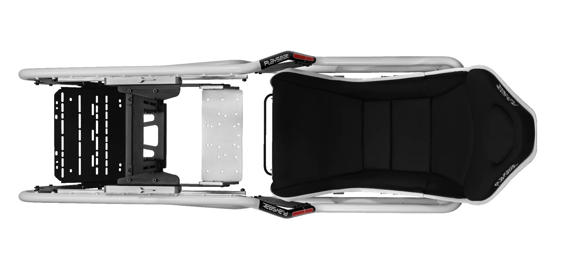 Widok z góry na biało-czarny fotel gamingowy Playseat. Zawiera metalową ramę, czarne siedzenie i konstrukcje montażowe.