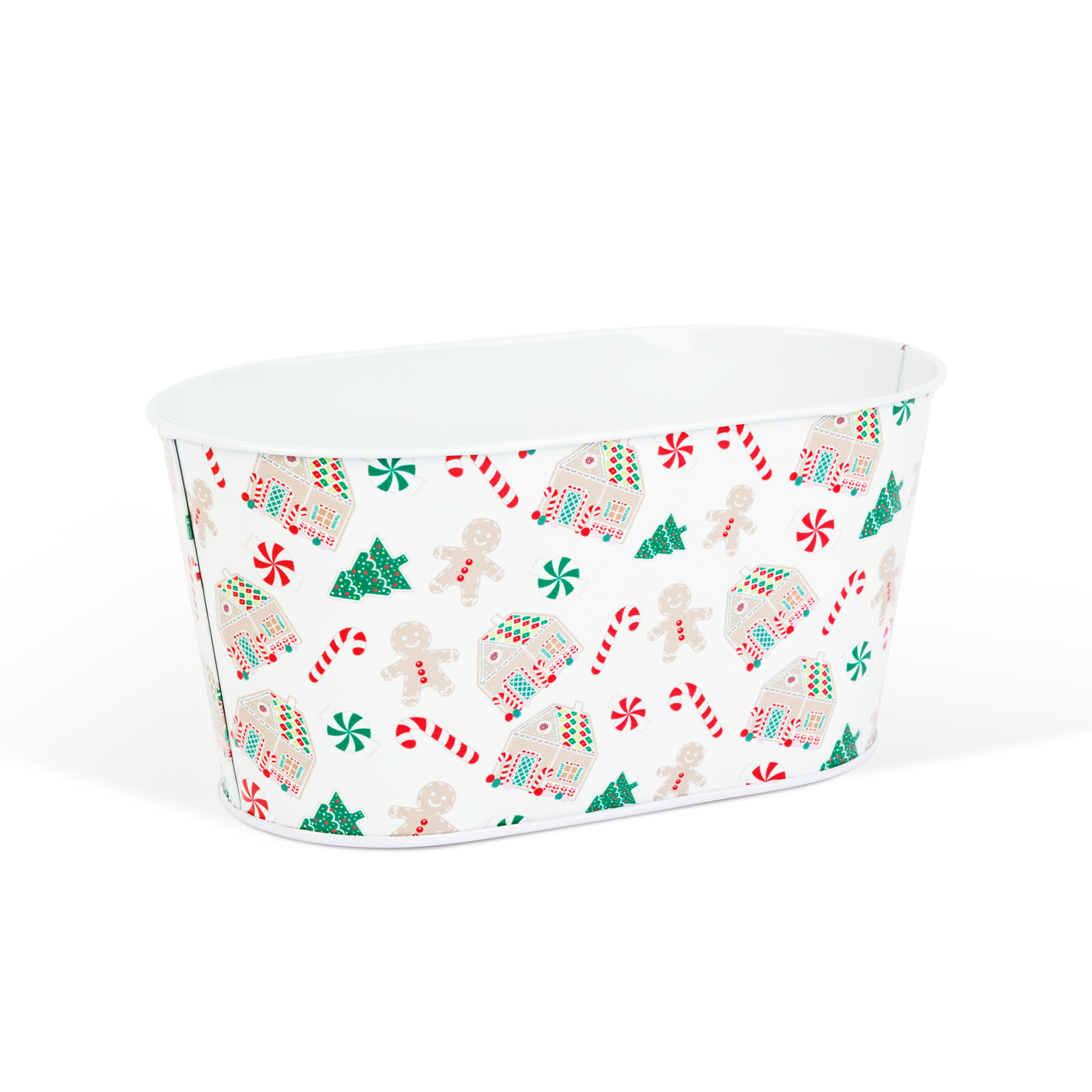 @HOME-XMAS Karácsonyi fém kosár, házikó mintás, 19 x 11,5 9,5 cm (59722B)