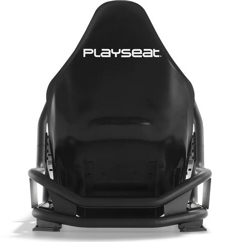 Czarny fotel wyścigowy Playseat, widziany od tyłu. Logo Playseat jest widoczne na zagłówku. Krzesło ma metalową ramę.