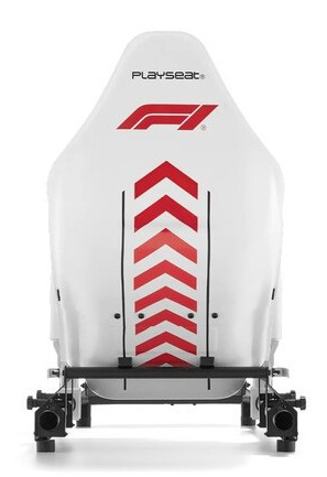 Białe krzesło wyścigowe z logo Formuły 1 i czerwonymi strzałkami.