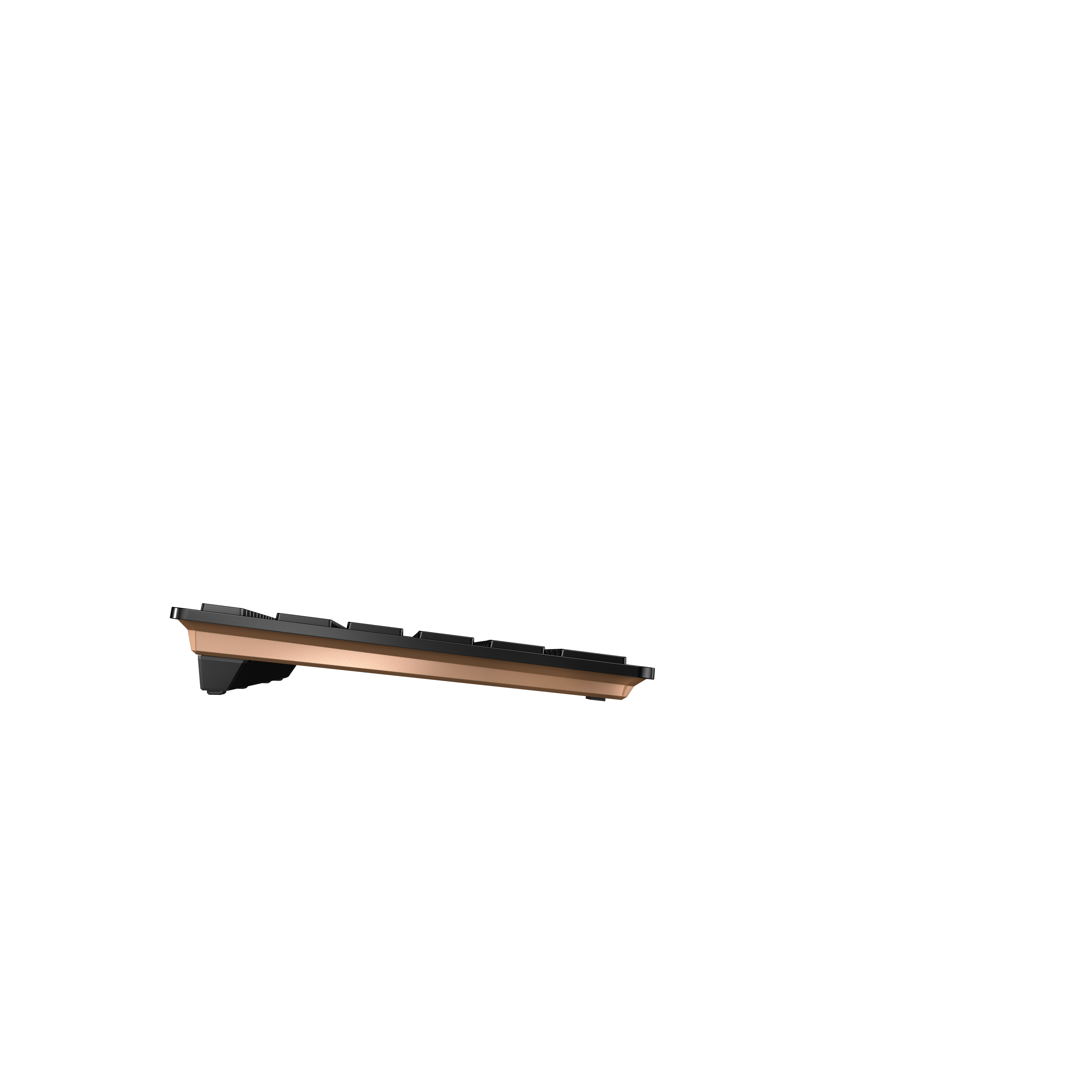 Nahaufnahme einer Tastaturkante. Sie hat schwarze Tasten und einen bronzefarbenen Sockel, vor schwarzem Hintergrund.
