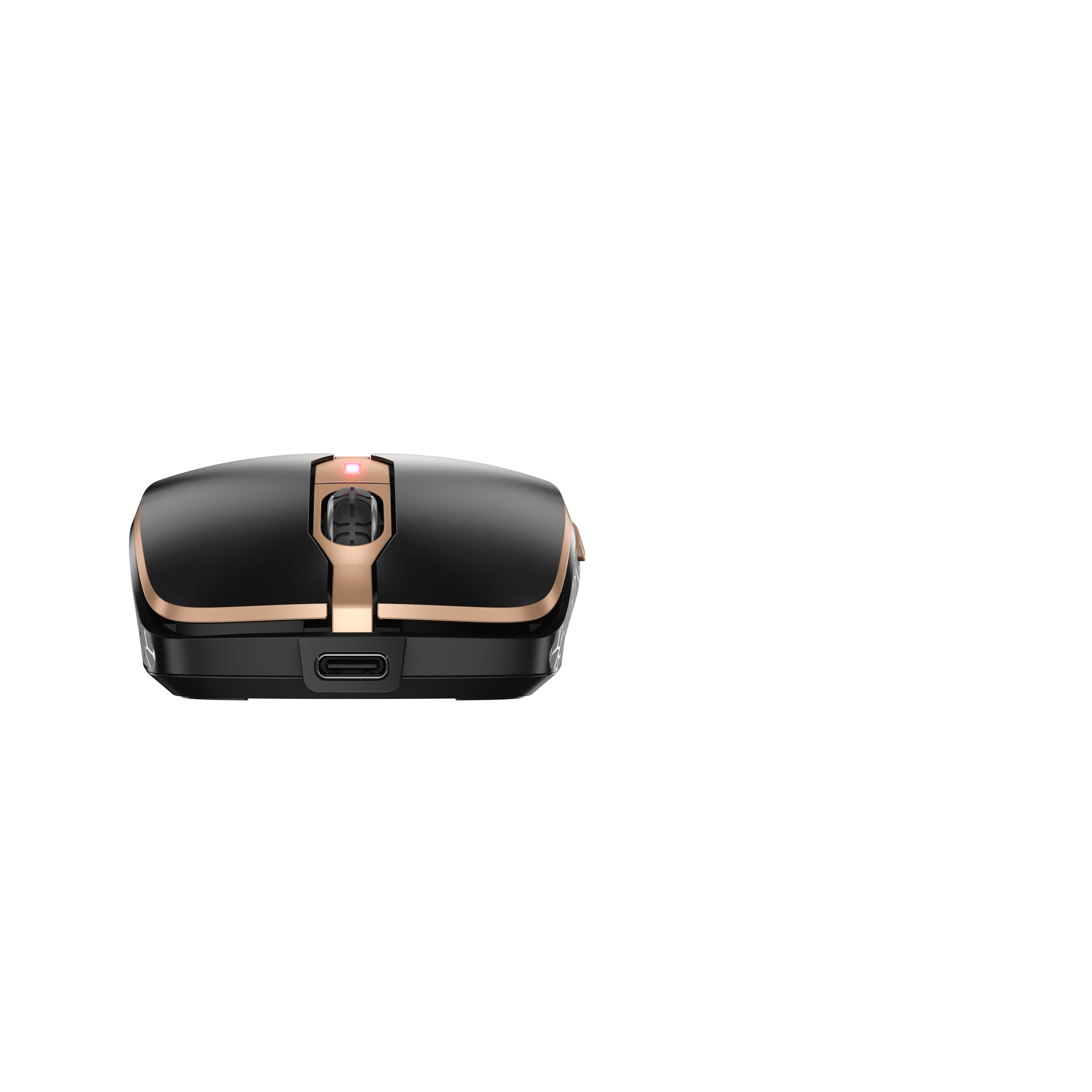 Eine schwarze und goldene Computermaus. Der Hintergrund ist schwarz.