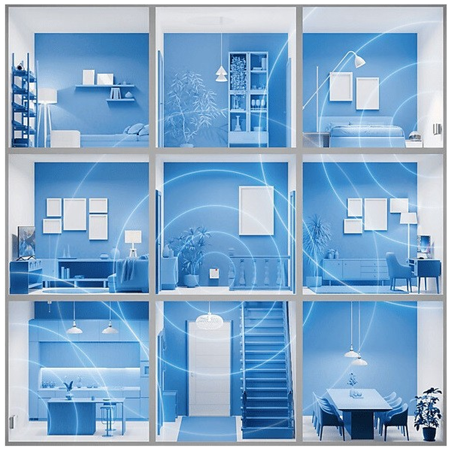 Nine blue-toned rooms, each a different interior. Some have furniture, art, and light fixtures. All are connected by blue arcs.