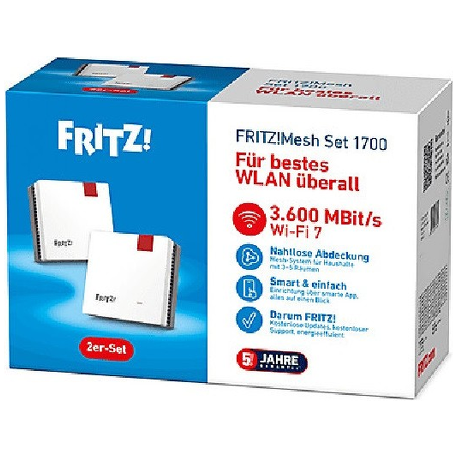 Box of FRITZ!Mesh Set 1700. White and blue box with two white devices. Text includes 'Wi-Fi 7' and '3.600 MBit/s'.