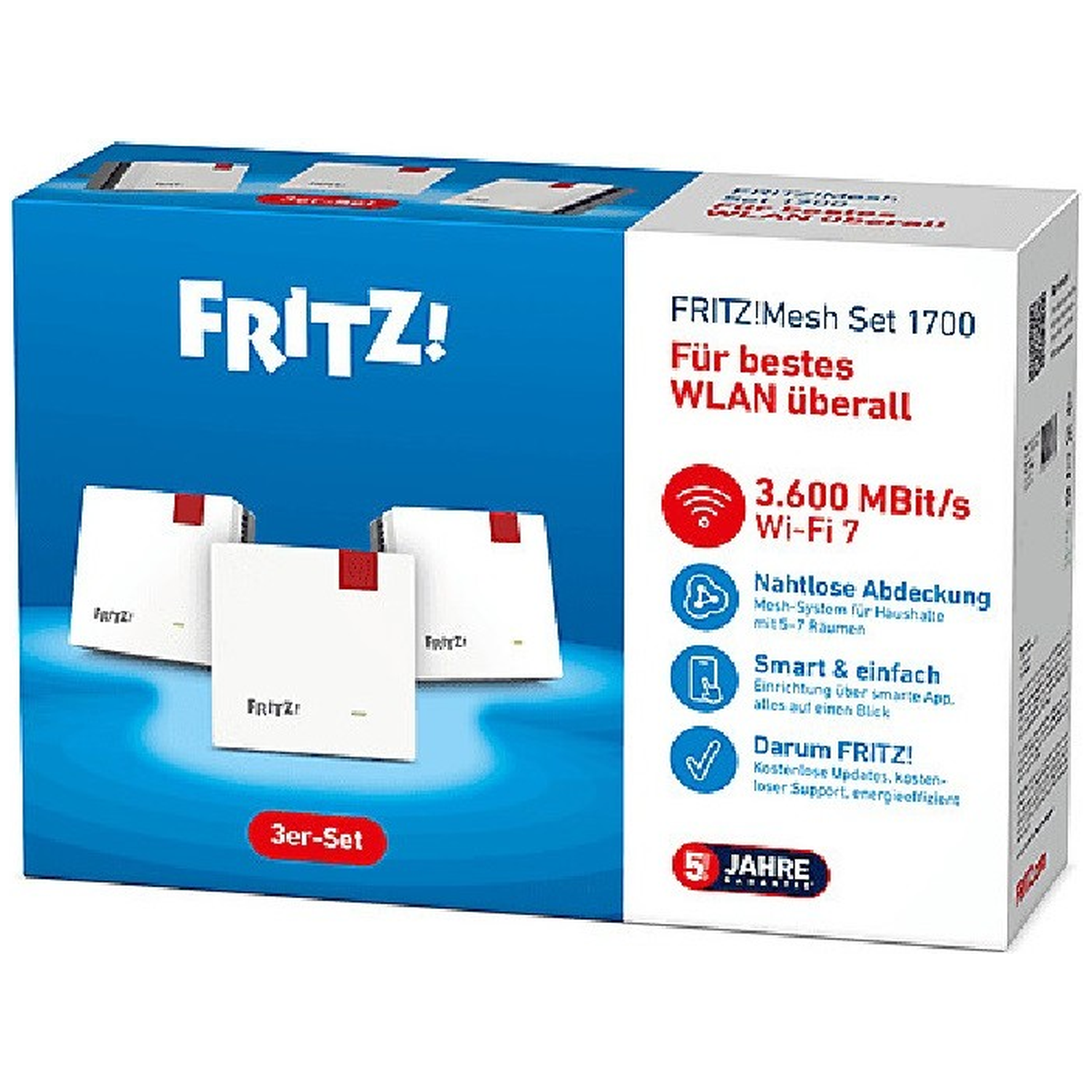 A box of FRITZ! Mesh Set 1700. It shows the product name, features, and three white devices with red accents.