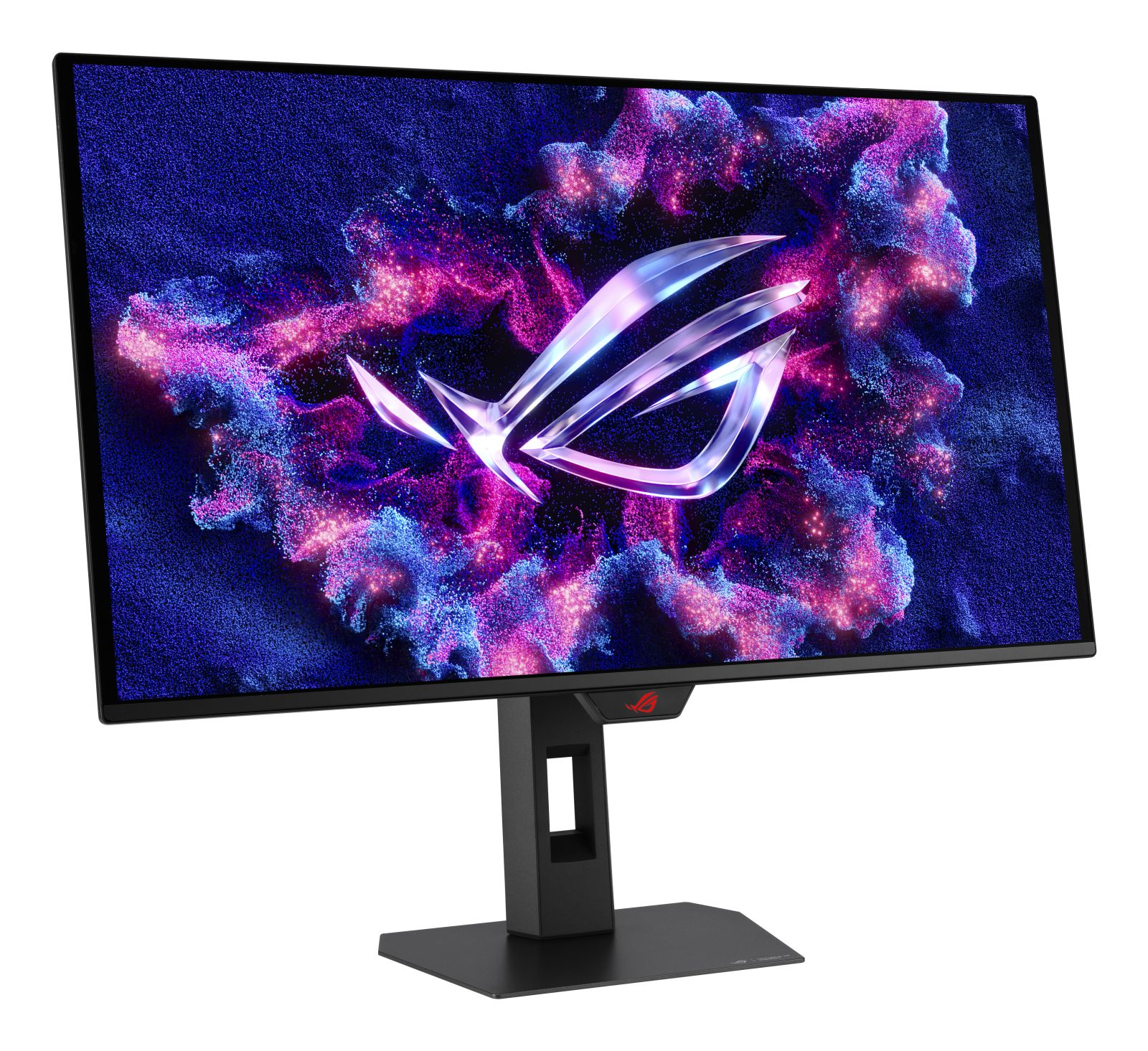 Un monitor ROG negro muestra una imagen abstracta colorida con el logotipo ROG. El monitor está sobre un soporte negro.