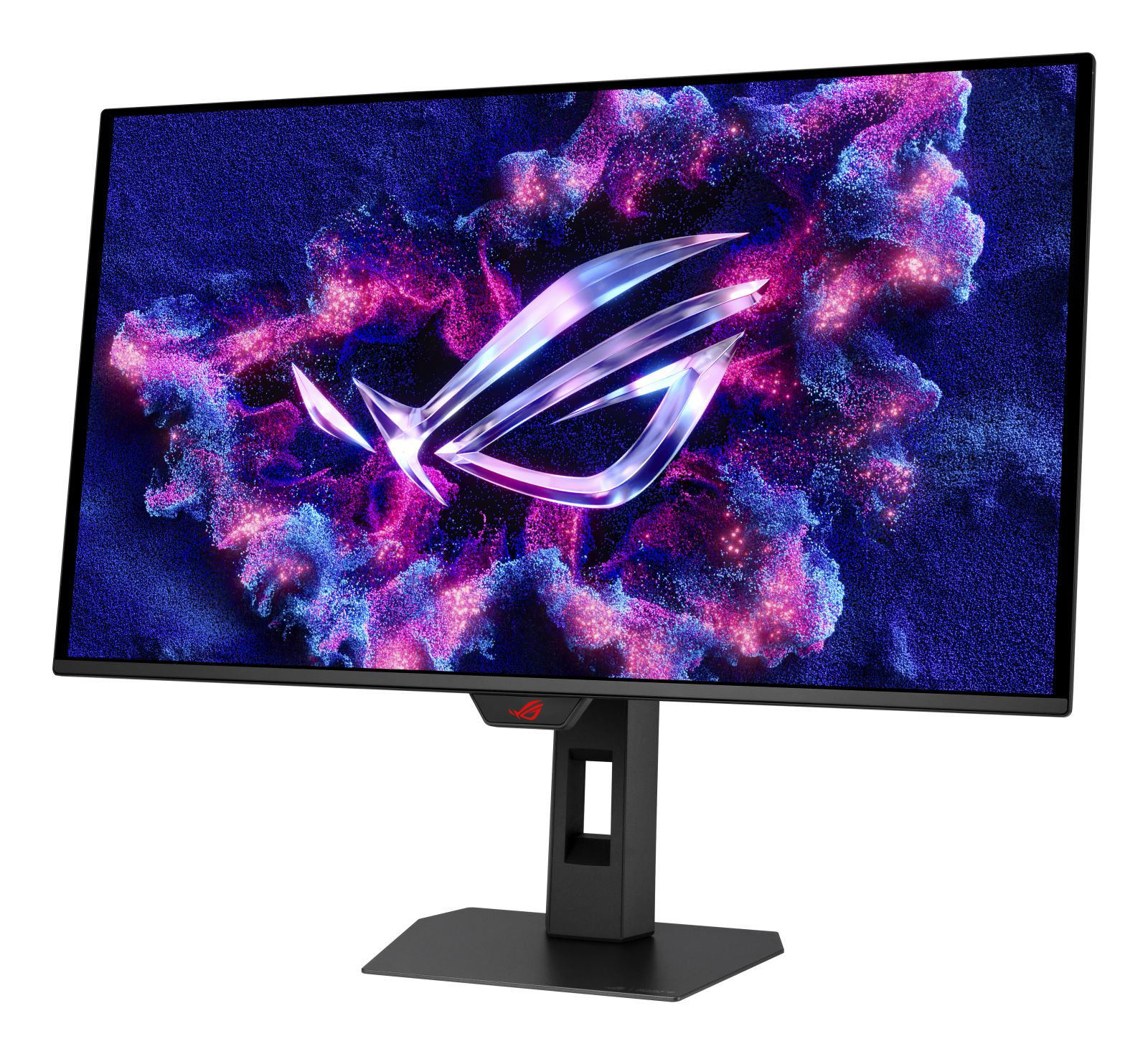 Un monitor de computadora muestra una imagen abstracta colorida con el logotipo de ROG. El monitor es negro con un soporte negro.