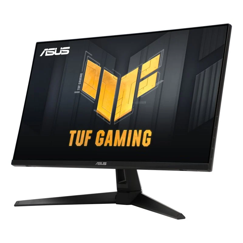 Monitor ASUS TUF Gaming. Pantalla negra con logo y texto amarillo. Soporte y marco negros sobre fondo blanco.