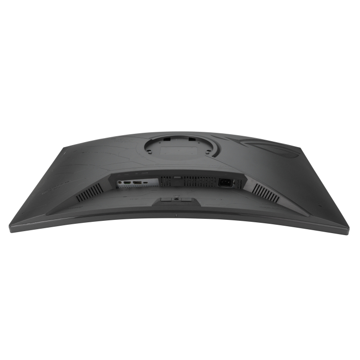 La parte trasera de un monitor de computadora negro y curvo. Tiene varios puertos y rejillas, con una hendidura circular en la parte superior.