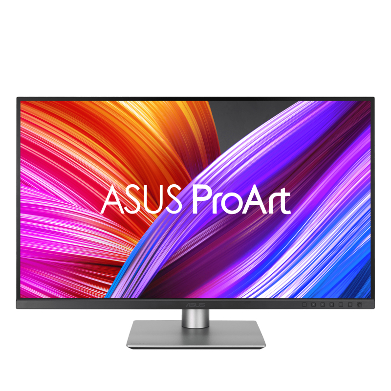Monitor ASUS ProArt. La pantalla muestra arte abstracto colorido. El monitor está sobre un soporte gris, fondo blanco.