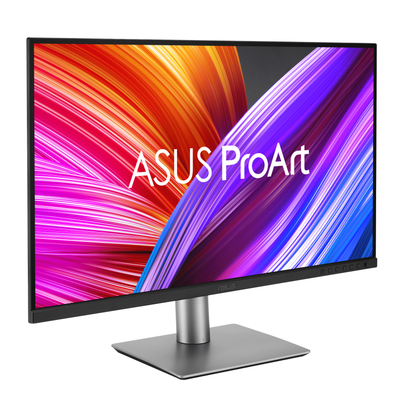 Monitor ASUS ProArt con una pantalla abstracta colorida. Tiene un soporte plateado y un bisel negro.