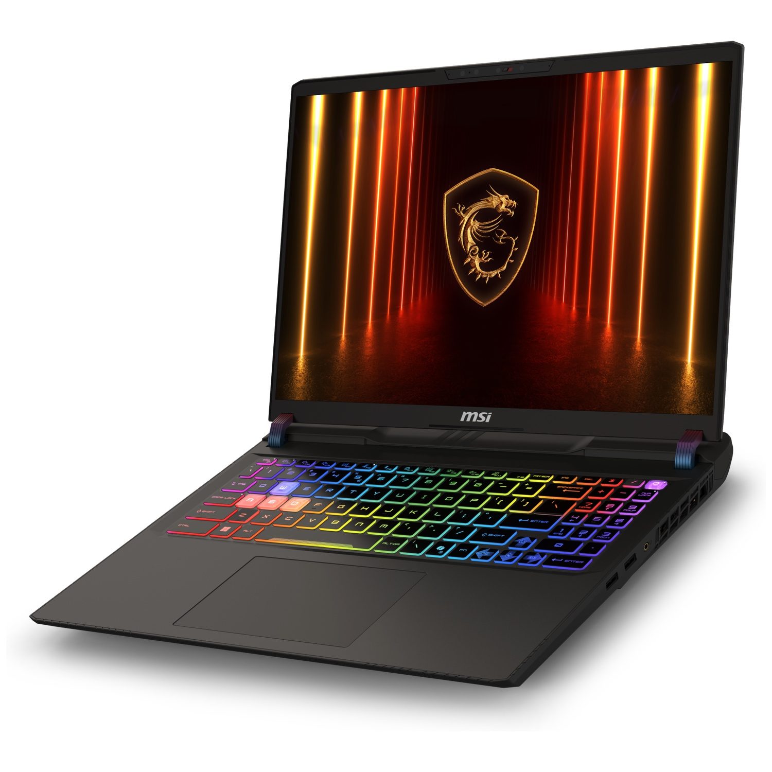 Een zwarte MSI-laptop is open, met een kleurrijk toetsenbord. Het scherm toont een drakenlogo met oranje en gele lichten.