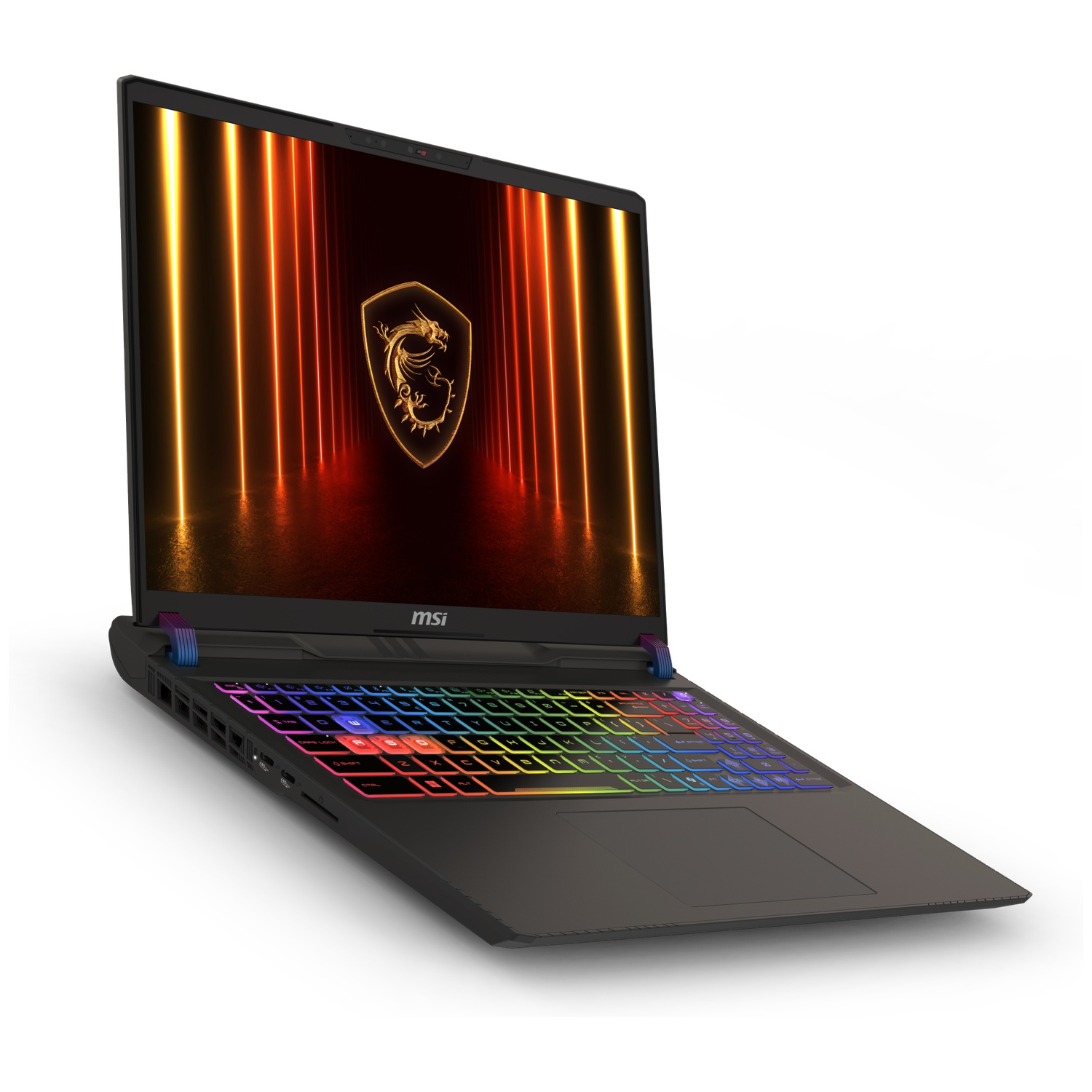 MSI gaming laptop. Zwarte behuizing, regenboog verlicht toetsenbord, scherm toont gouden drakenlogo op donkere achtergrond met oranje lichten.