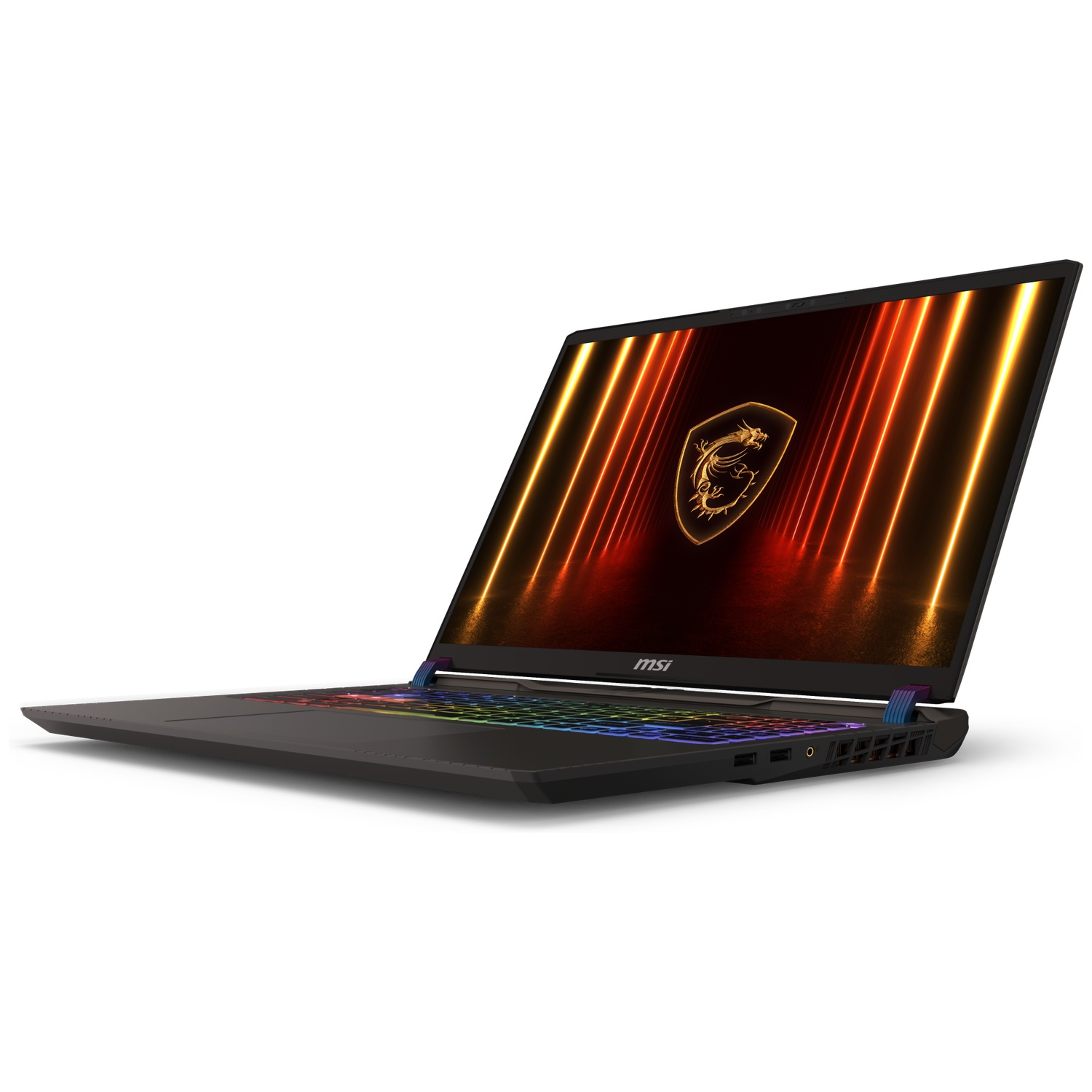 Een zwarte MSI-laptop is open, met een drakenlogo op het scherm. Het toetsenbord heeft kleurrijke verlichting. De achtergrond is wit.