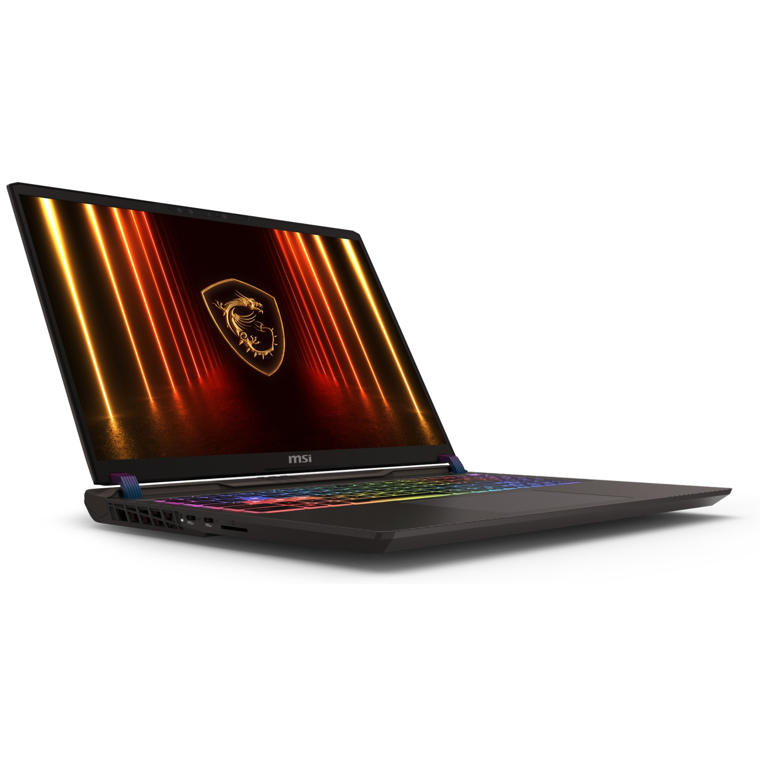 Een zwarte MSI-laptop wordt in een hoek getoond. Het scherm toont een drakenlogo en oranje/gele lichten. Het toetsenbord is verlicht.