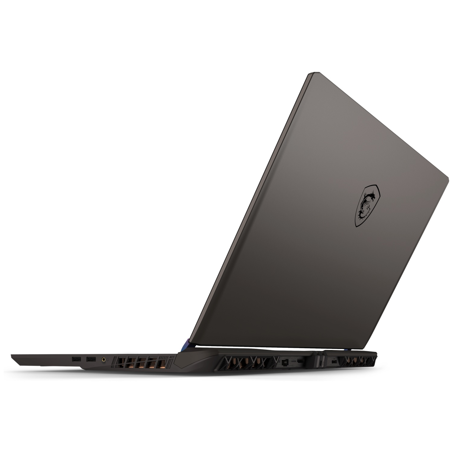 Een donkergrijze laptop is open, met de achterkant en een drakenlogo. De laptop staat op een witte achtergrond.