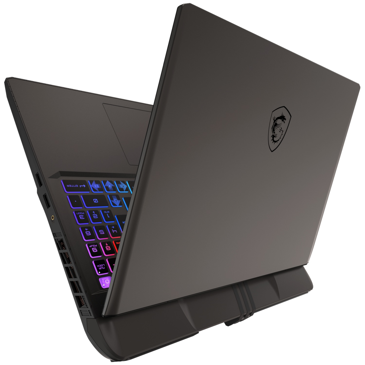 Een donkergrijze laptop is open, met een toetsenbord met achtergrondverlichting. Het scherm toont een drakenlogo. De laptop is naar de kijker gekanteld.