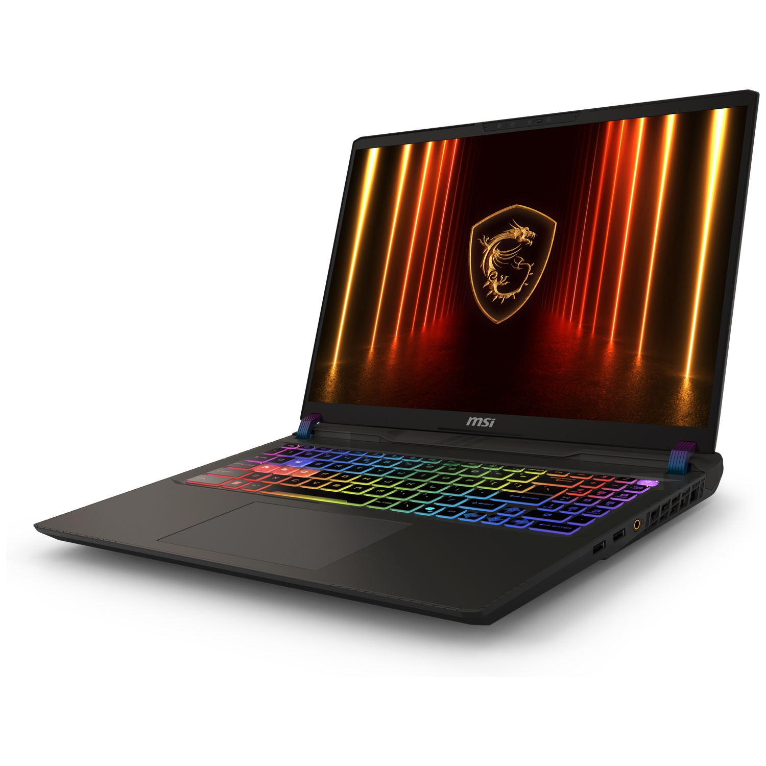 Zwarte MSI laptop, scherm met logo. Toetsenbord heeft kleurrijke achtergrondverlichting. De achtergrond is wit.