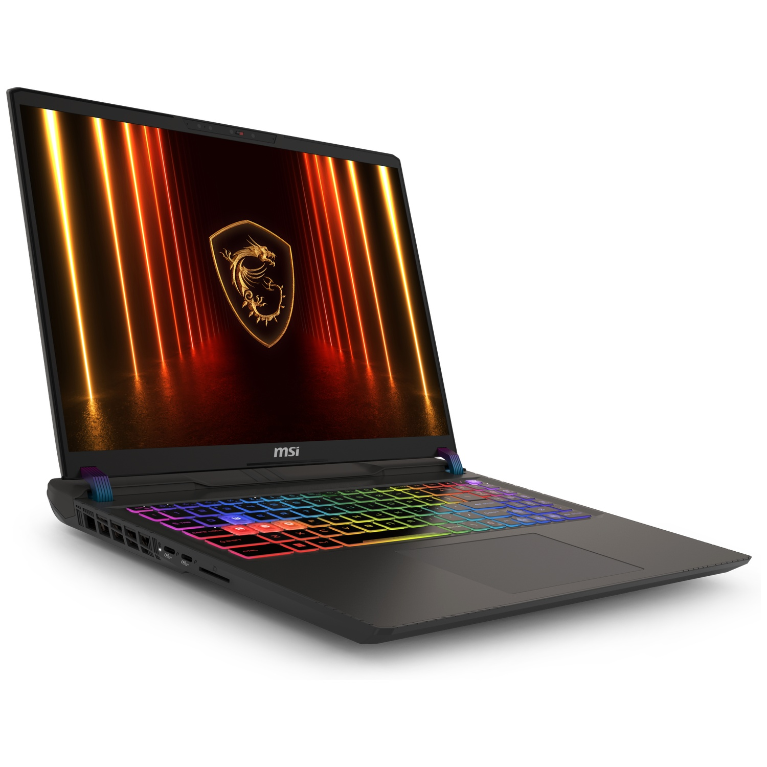 Een zwarte MSI-laptop met een kleurrijk verlicht toetsenbord staat iets open. Het scherm toont een logo op een donkere achtergrond.