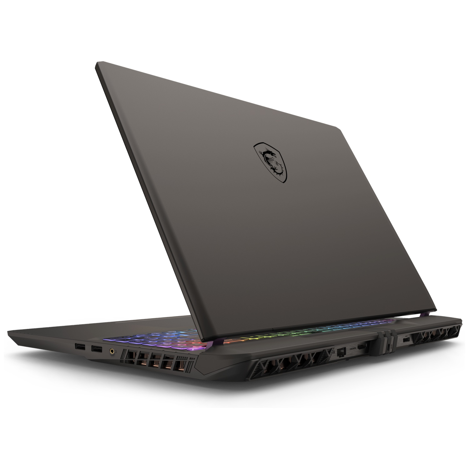 Een donkergrijze laptop is open, met een kleurrijk toetsenbord. Het MSI-logo staat op het deksel. De achtergrond is wit.