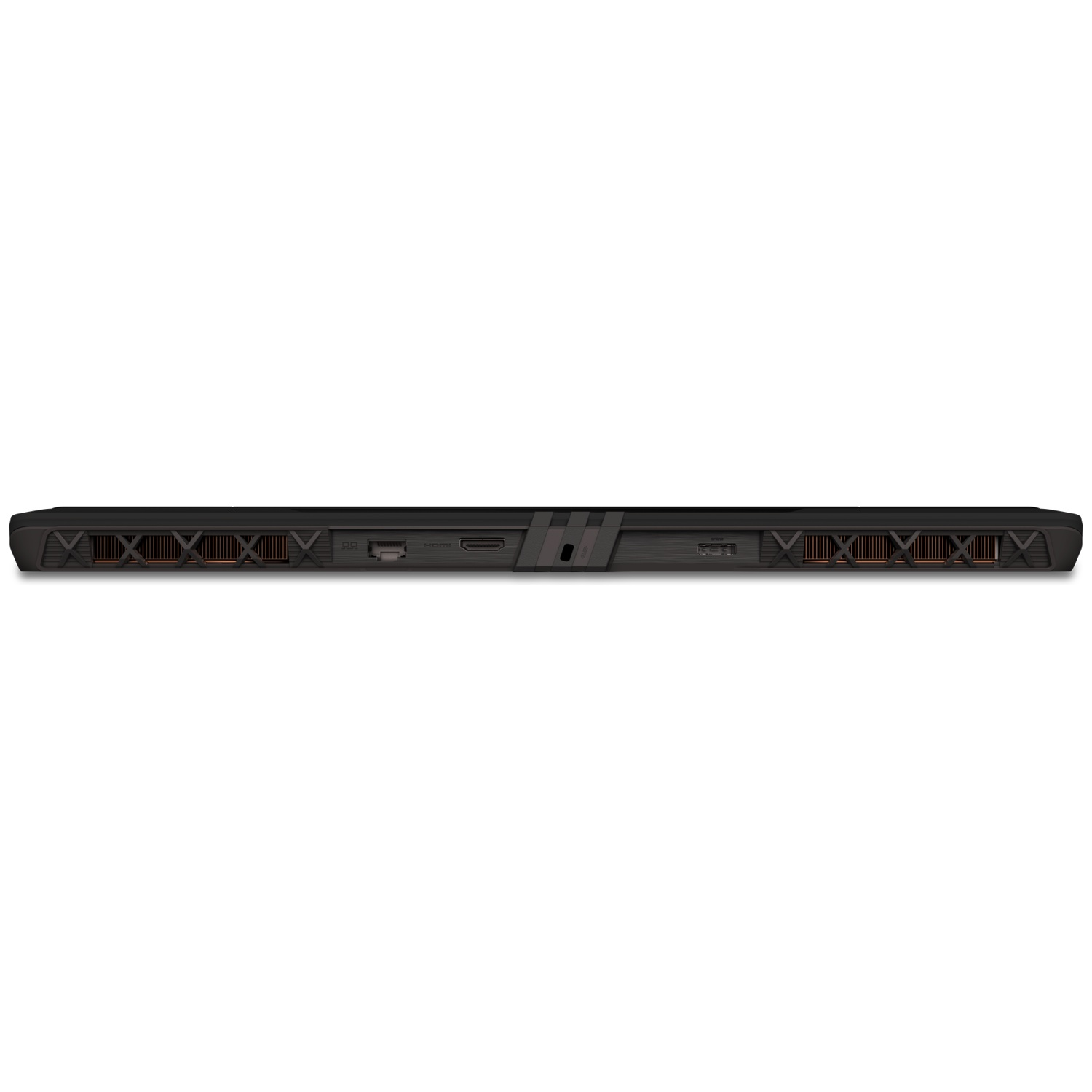 De onderkant van een zwarte laptop, met ventilatieopeningen en poorten zichtbaar. De achtergrond is wit.