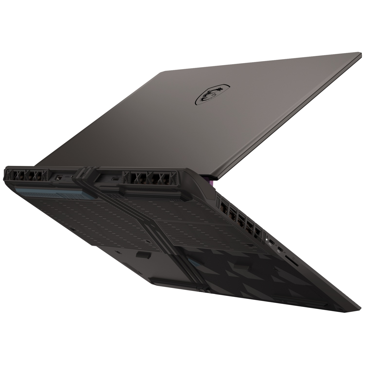 Een zwarte laptop wordt in een hoek getoond, open. Het MSI-logo is zichtbaar. De onderkant heeft een patroon en ventilatieopeningen.