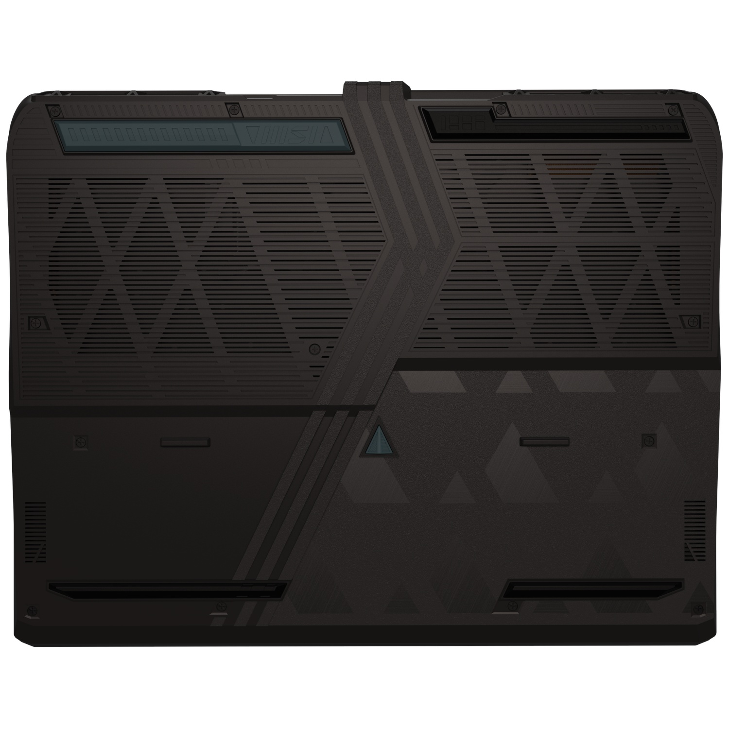 Zwarte laptoprug. Het heeft ventilatie, geometrische patronen en tekst. Het ontwerp is modern en hoekig.