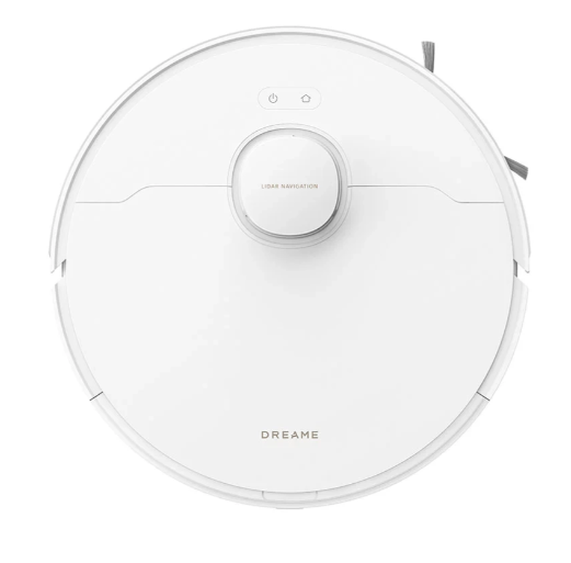 Biały robot odkurzający, widok z góry, z przyciskami zasilania i domu. Na centralnym elemencie napis 'Lidar Navigation'.