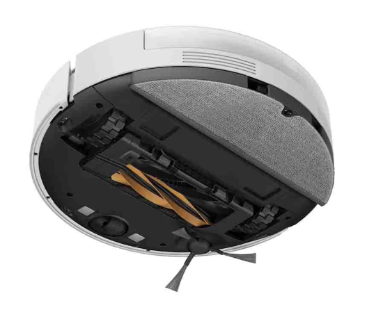 Widok od spodu białego i czarnego robota odkurzającego. Posiada szczotki, pojemnik na kurz i szarą podkładkę czyszczącą.