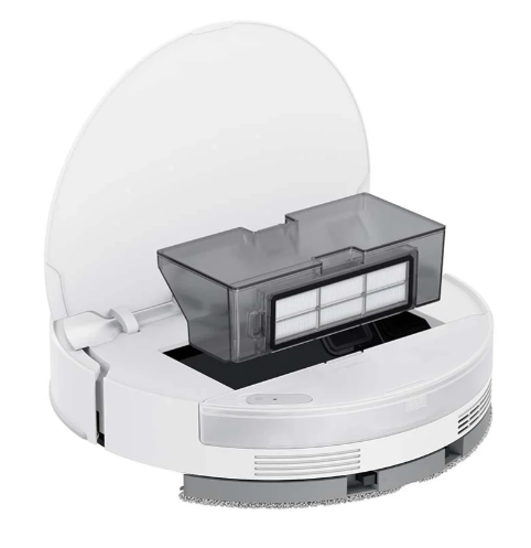 Biały robot odkurzający z otwartą pokrywą, odsłaniający filtr. Filtr znajduje się w szarym pojemniku.