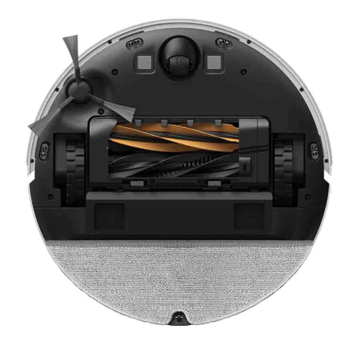 Spód robota sprzątającego. Posiada szczotki, koła i nakładkę czyszczącą. Widoczne są czarne i pomarańczowe wałki szczotkowe.