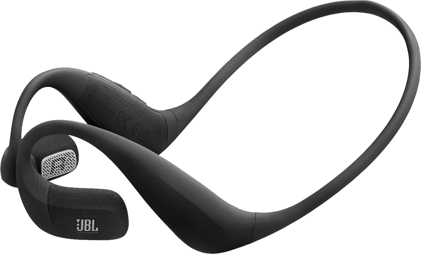 Schwarze JBL-Knochenschallkopfhörer auf schwarzem Hintergrund. Die Kopfhörer haben ein Over-Ear-Design mit dem JBL-Logo.