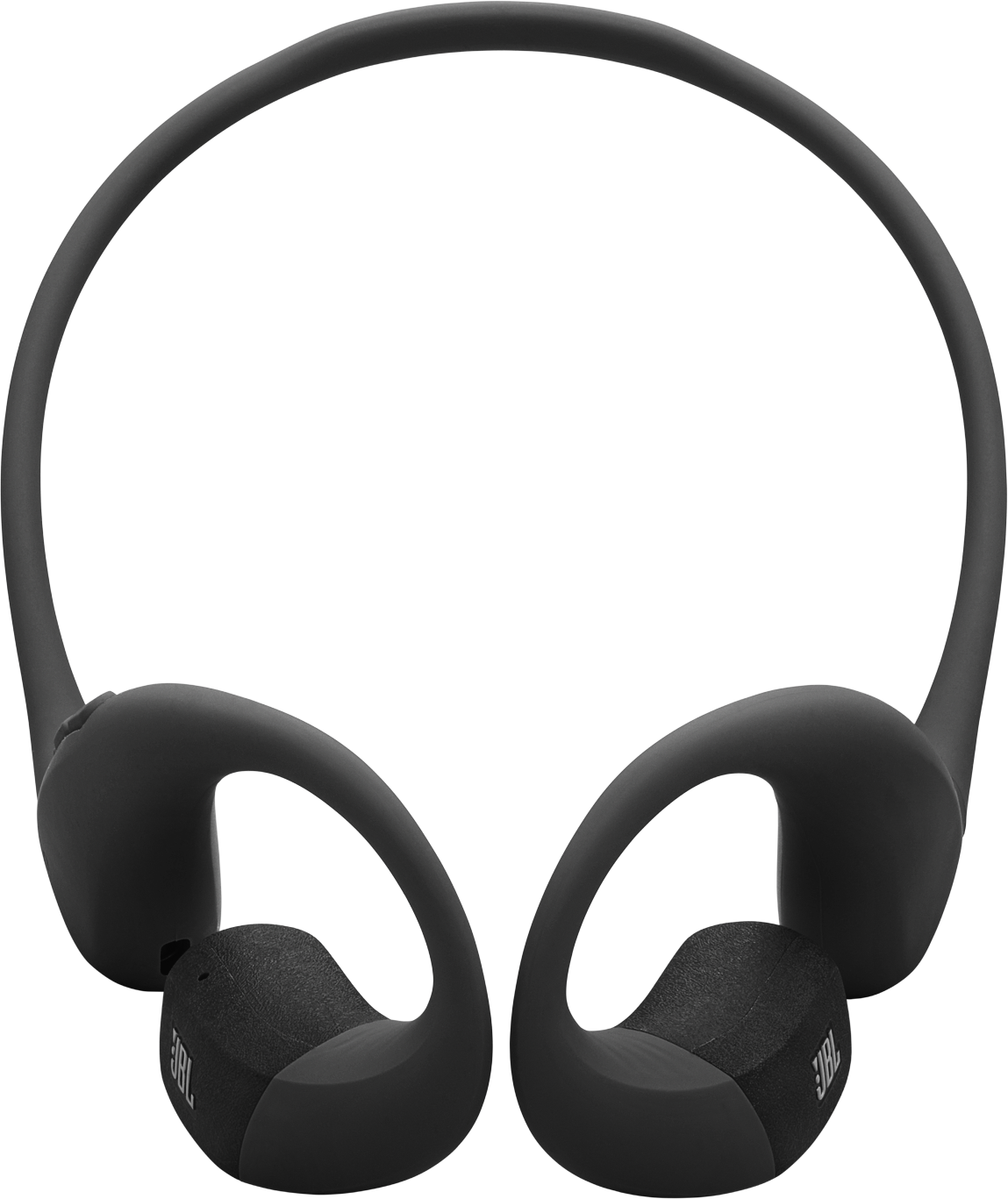 Schwarze JBL-Kopfhörer mit Ohrbügeln. Die Kopfhörer sind vor schwarzem Hintergrund zu sehen. Das JBL-Logo ist auf dem Ohrhörer zu sehen.