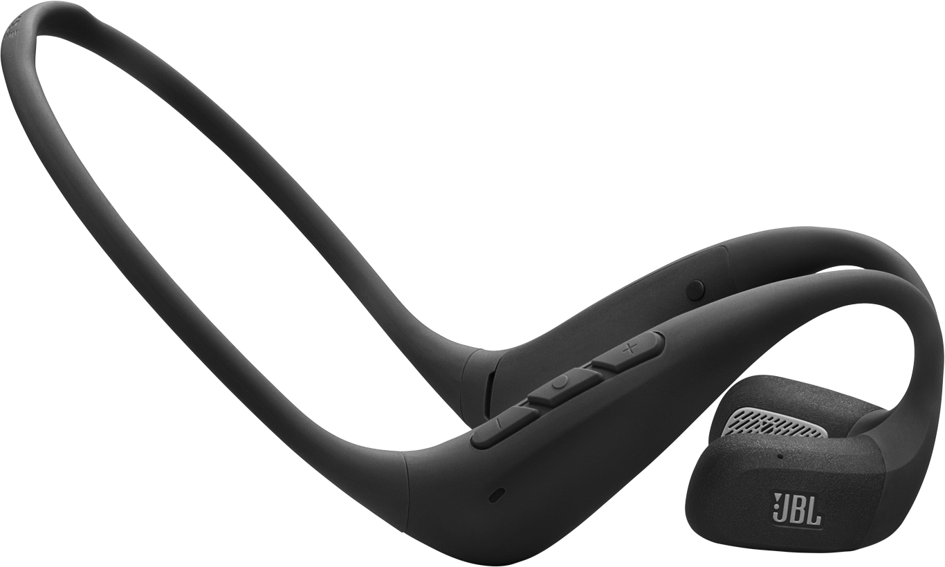 Schwarze kabellose JBL-Kopfhörer. Sie haben ein Nackenband- und Ohrhörer-Design mit Lautstärkereglern. Das JBL-Logo ist sichtbar.