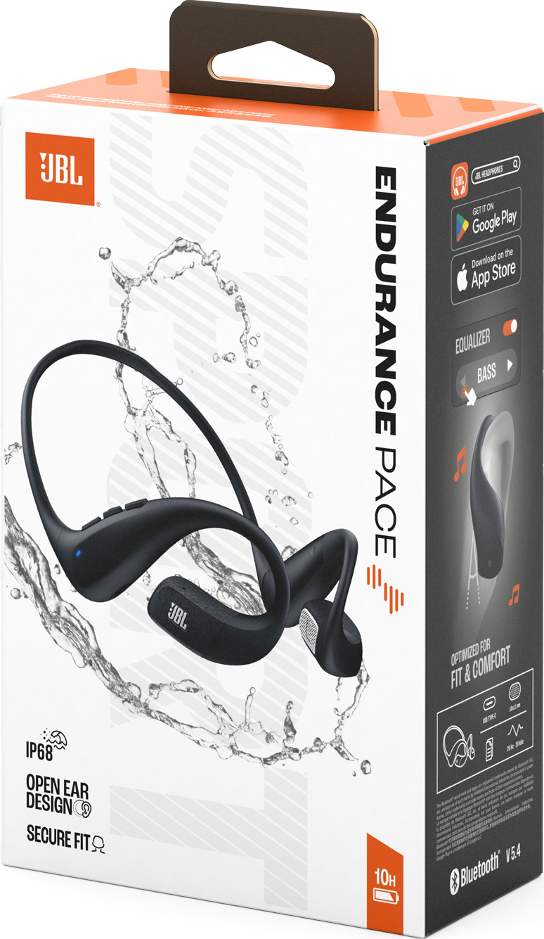 Schwarze JBL Endurance Pace Kopfhörer in einer Box. Die Box ist weiß und orange mit Wasserspritzern.