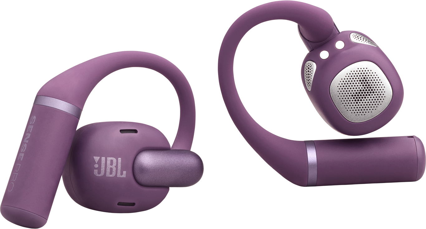 Zwei lilafarbene JBL Sense Pro Ohrhörer. Einer zeigt das JBL-Logo, der andere das Lautsprecherdetail. Beide haben einen gebogenen Ohrbügel.