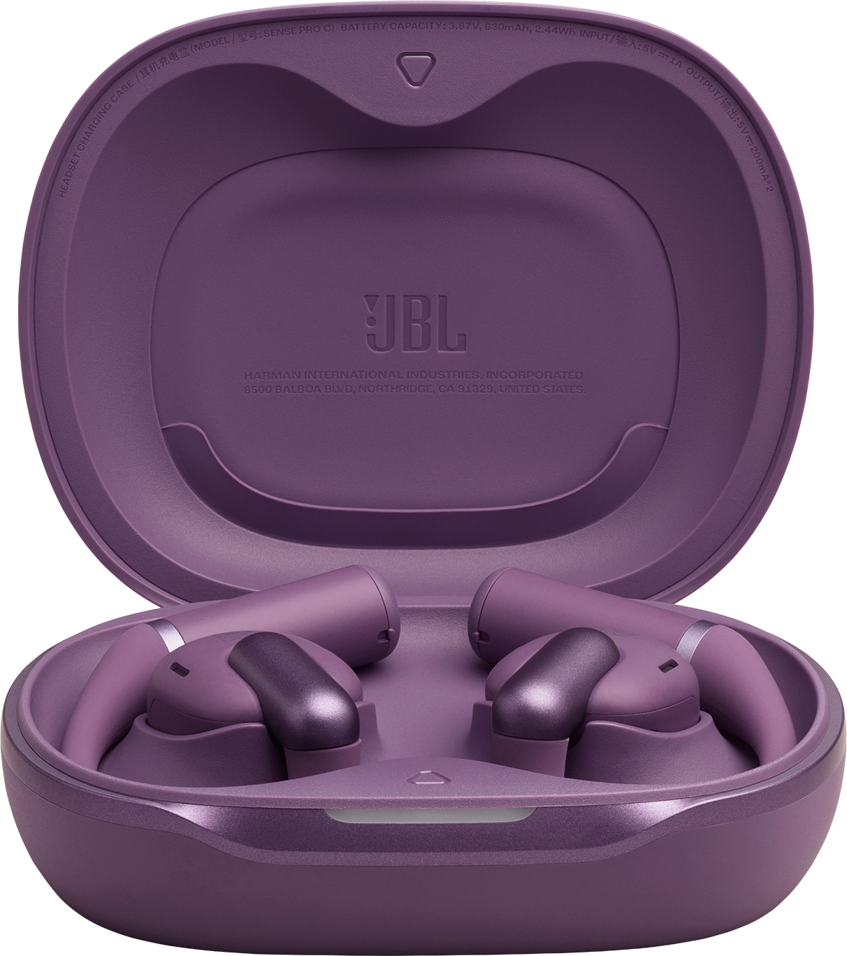 Offene violette JBL-Ohrhörer-Hülle mit zwei Ohrhörern. JBL-Logo sichtbar. Hülle vor schwarzem Hintergrund.