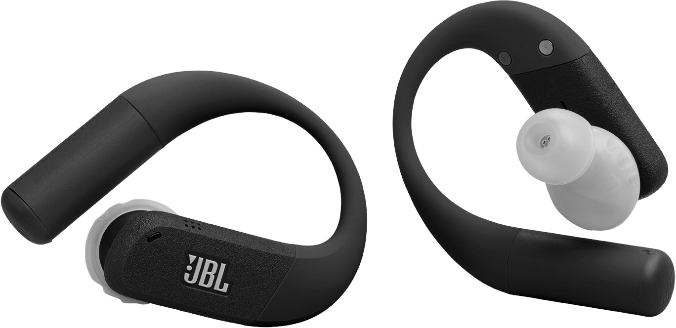 Deux écouteurs sans fil JBL noirs. Chacun a un crochet d'oreille et un écouteur blanc. Le logo JBL est visible.