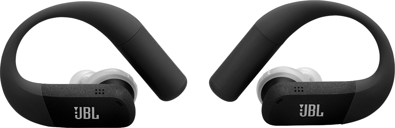 Deux écouteurs JBL noirs avec crochets d'oreille. Les écouteurs sont sur fond blanc. Chacun porte le logo JBL.