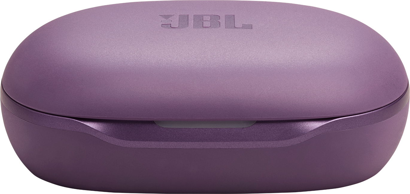 Ein lila JBL-Kopfhörer-Etui. Das Etui ist oval, mit dem JBL-Logo oben. Der Sockel hat einen helleren lila Akzent.