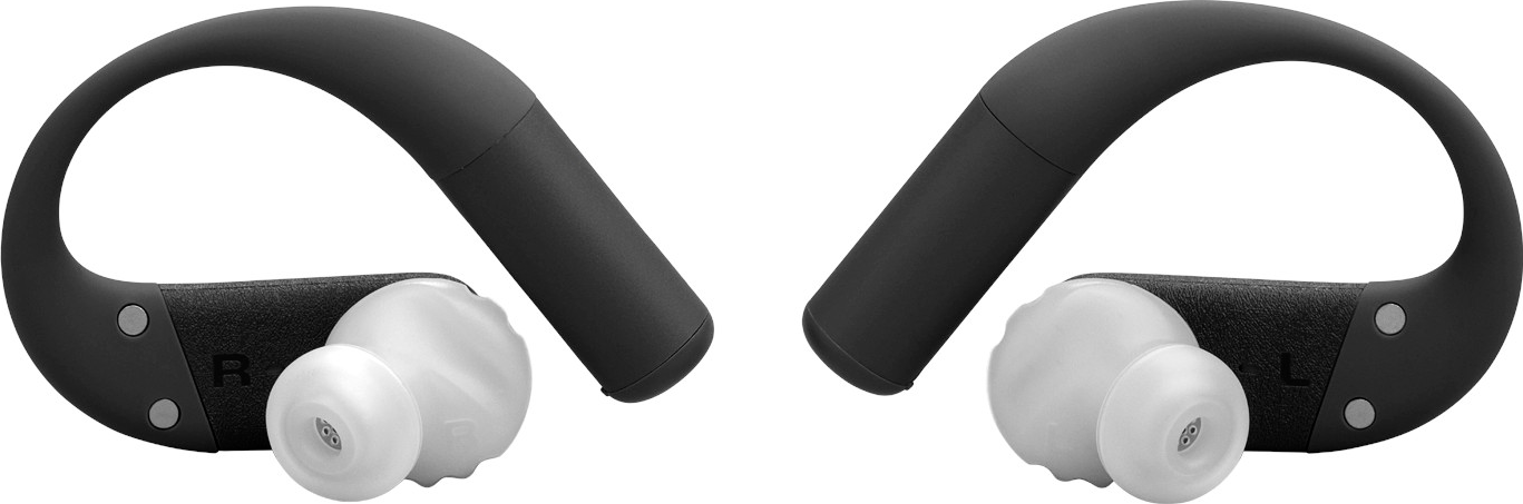 Deux écouteurs sans fil noirs et blancs. Chacun a une boucle, un écouteur et les lettres 'R' et 'L'. Isolé sur fond blanc.