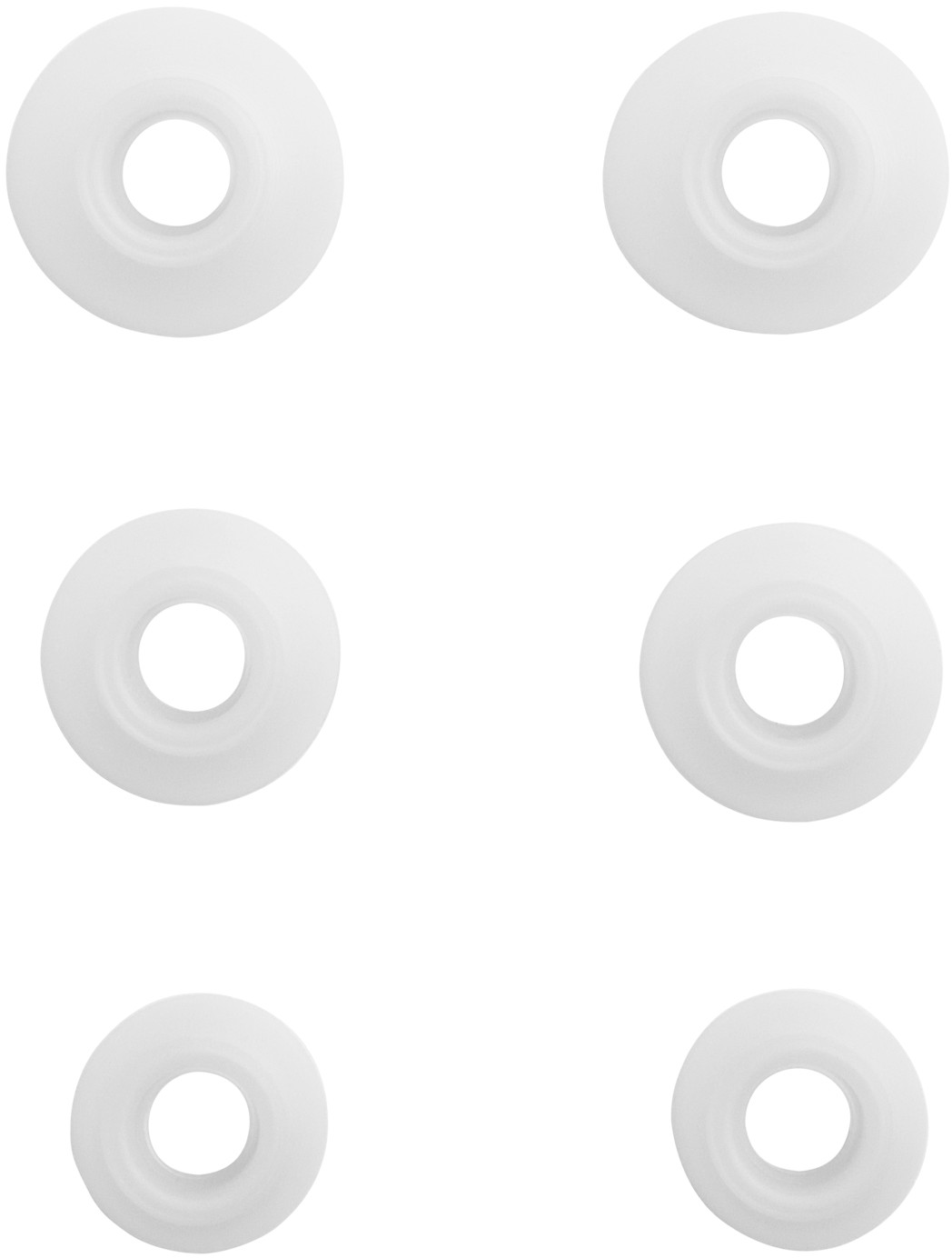 Six objets circulaires blancs avec un trou central, ressemblant à des beignets ou des anneaux, disposés sur fond blanc.