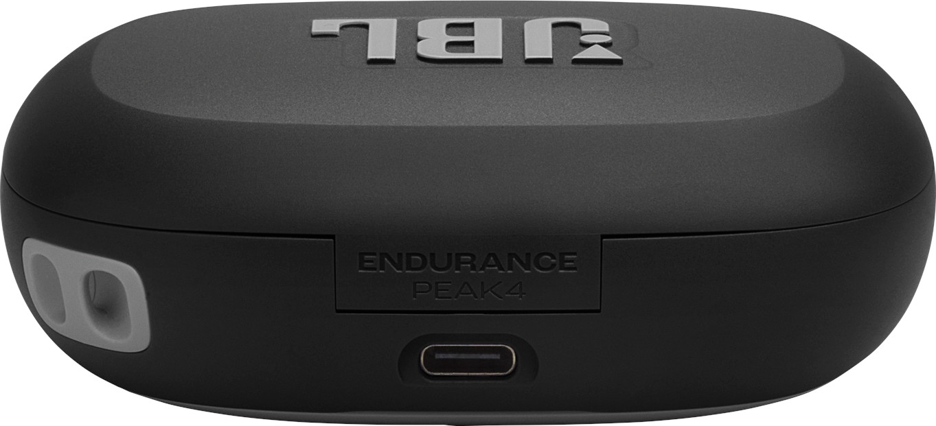 Étui de chargement noir JBL Endurance Peak 4. Accents gris, port USB. Logo 'JBL' en haut. Texte 'ENDURANCE PEAK4'.