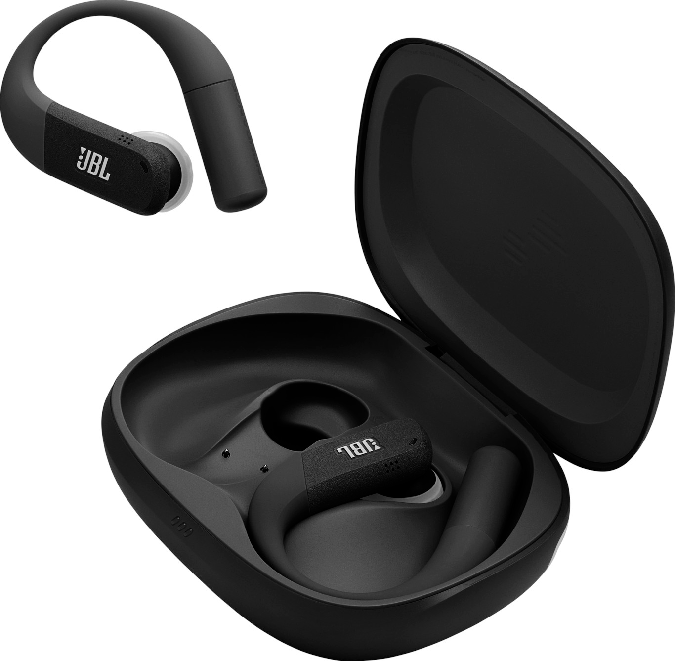 Écouteurs JBL noirs avec étui de chargement. Un écouteur est hors de l'étui. L'étui est ouvert et un autre écouteur est à l'intérieur.