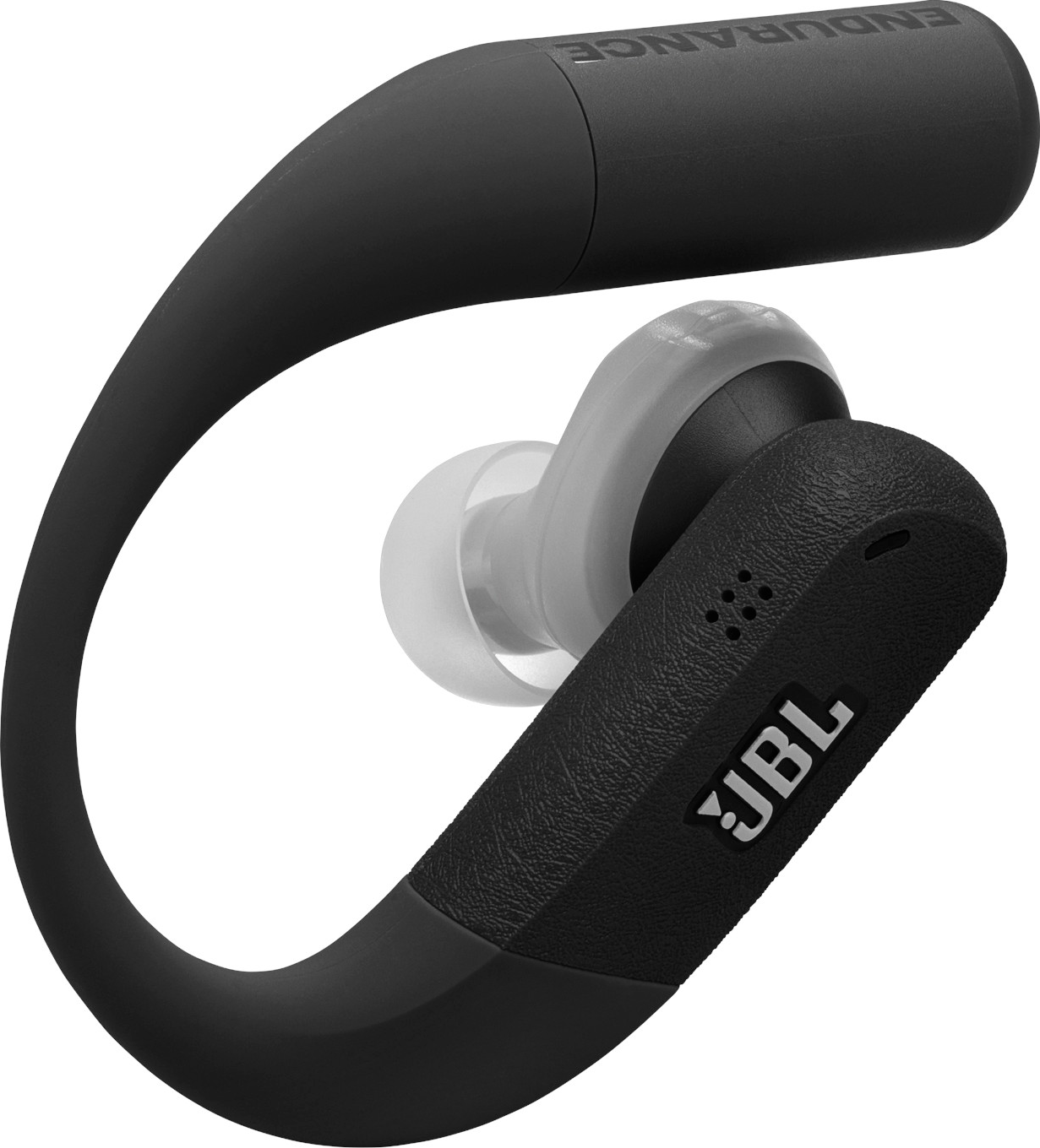 Écouteurs sans fil JBL noirs. L'écouteur a un crochet noir sur l'oreille et un écouteur blanc. Le logo JBL est visible.