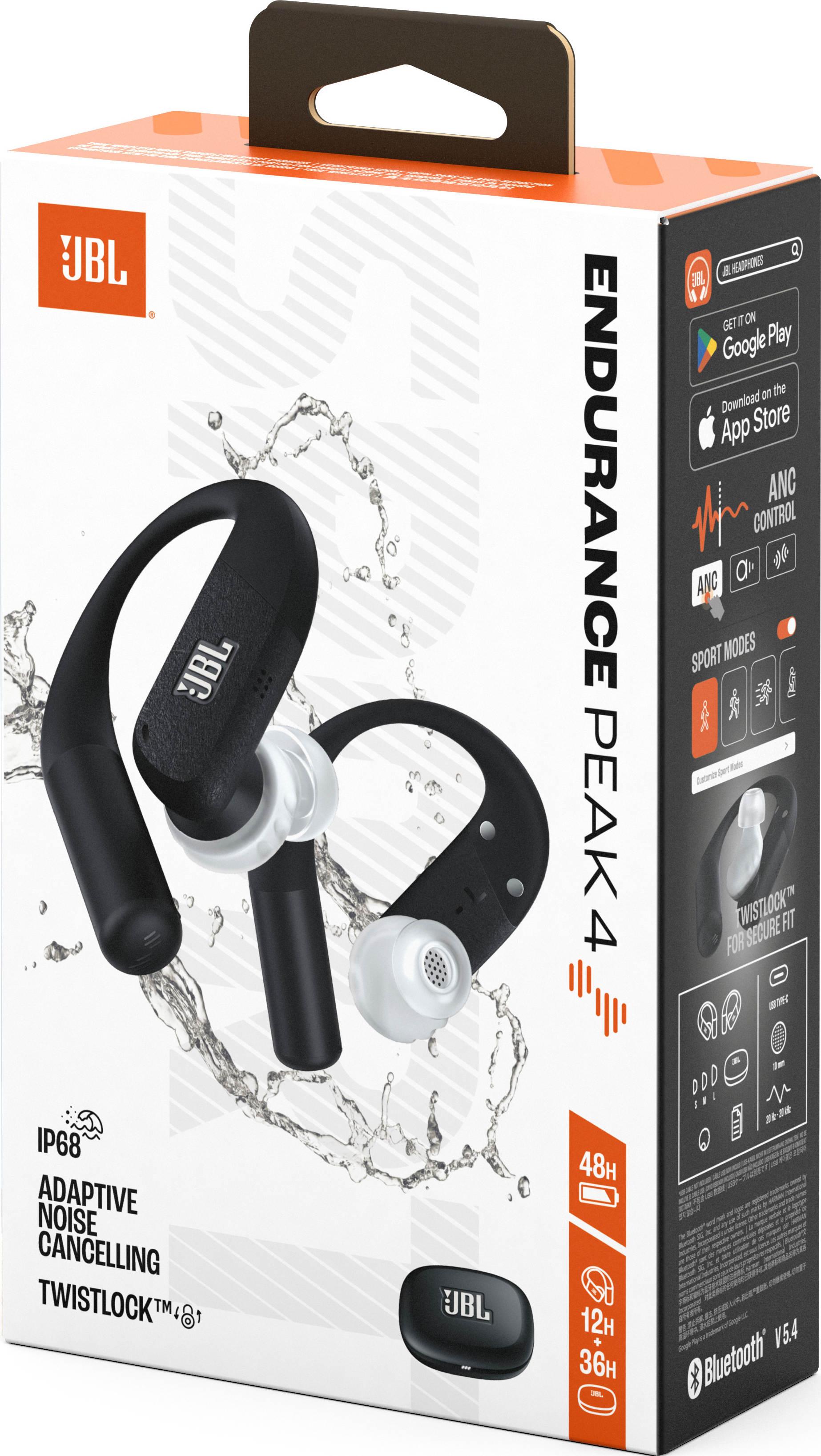 Boîte d'écouteurs JBL Endurance Peak 4. Écouteurs noirs, embouts blancs, effet éclaboussures d'eau. Boîte orange et blanche.
